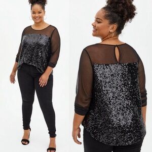 Torrid Black Long Sleeve Mesh And Sequin Top Size 1X Sophisticated Holiday Goth